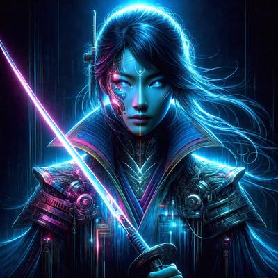 The primary subject of the image is a woman dressed in a futuristic outfit, holding a sword. She is wearing a blue and black outfit, and her hair is styled in a ponytail. The setting appears to be a futuristic or fantasy-themed environment, with the woman standing in front of a backdrop that features a blue and black color scheme. The visual style of the image is digital art, with the woman and her surroundings depicted in a detailed and intricate manner. The overall atmosphere of the image is one of strength, power, and determination, as the woman is portrayed as a warrior or a protector.